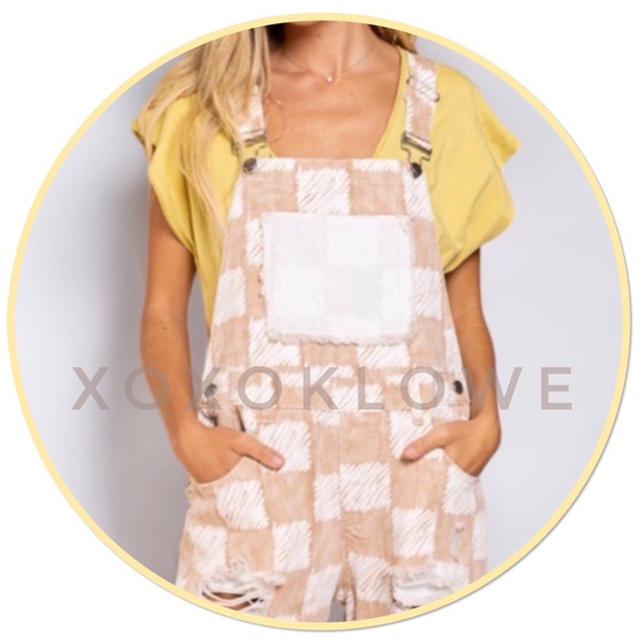 POL Beige & White Checkered Distressed Relaxed Fit Denim Overalls - Picture 4 of 16